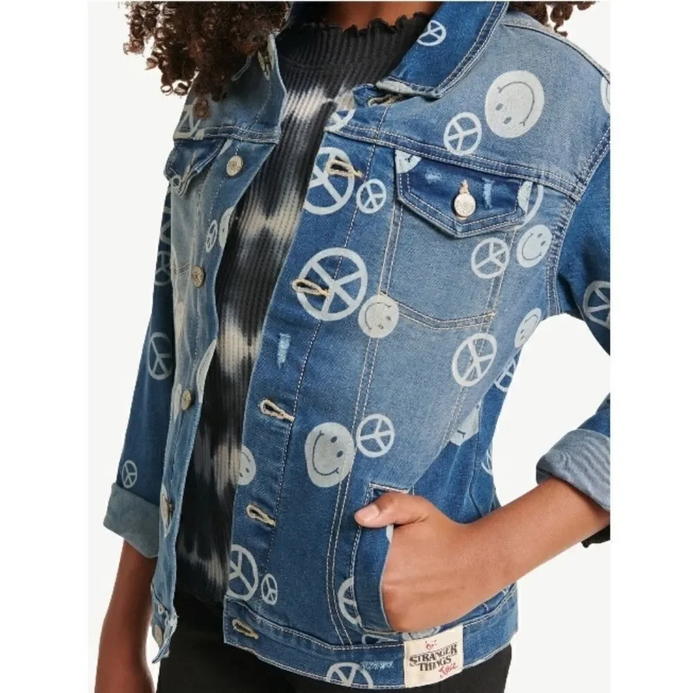 Justice Stranger Things Limited Discharged Denim Jacket Peace Smiley Face Sz XL